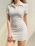 Solid Geometric Casual Mini Dress for Women Turn-down Neck Short Sleeves Slim Clothing Aesthetic Basic Chic