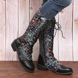 Zingj New Independent Station National Style Totem Women's Fashion Boots Square Heel Printed Large Size Martin Boots Middle Tube Knight
