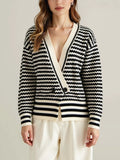 East Autumn And Winter V-Neck Knitted Shirt Buckle Cardigan New Striped Hit-Colored Sweater