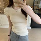 Version Of Simple Knitted Short-Sleeved T-Shirt Women's Spring And Summer New Minority Design Slim Full-Color