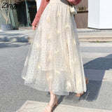 Women High Waist Spring Autumn A-Line Snow Embroidery Fairy Mesh Girlish All-match Korean Style Simple Fresh Romantic