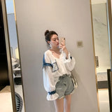 Spring Ladies Blouse Japanese Loose Sweet V-Neck Lace Patchwork Top Women Harajuku Flare Sleeve Chiffon Shirt