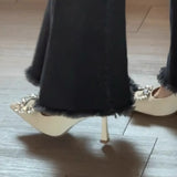 Temperament Sharp-Heeled High-Heeled Women's Autumn And Winter Wedding Shoes Diamond Buckle Small Design Single