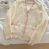 Korean Style Contrast Kintted Cardigan Women V-neck Heart Button-up Loose Oversized Sweater Coat Simple Casual
