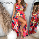 Women Elegant Sexy Deep V Neck Halter High Silt Midriff All Ver Print Maxi Sexy Vacation