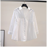 2025 Spring And Autumn New Clad Waist Design Folds Loose Cotton Shirt Women Blue Long-Sleeved