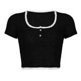 Desire Atmosphere Wearing Lace Button Splicing Color Navel Slimming Striped Short-Sleeved T-Shirt 2023 New