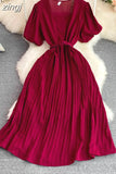 Vintage Pleated Midi Dress Women Green/Red/Blue Square Collar Puff Short Sleeve High Waist Draped Vestidos Female