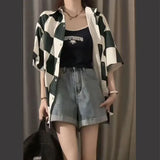 Streetwear Y2k Plaid Woman Overshirt Elegant Blouses for Women Short Sleeve Summer 2023 Womens Fashion Korean Style