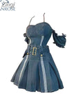 Women Spaghetti Strap Pleated Denim Dress Elegant Sexy Ladies Party Club Sundress Vintage Off Shoulder A-line Dress Summer