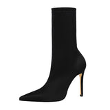 Zingj Simple Women's Boots Thin Heel Ultra High Heel Sexy Nightclub Pedicure Show Thin Pointed Lycra Elastic Ankle