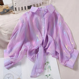 Woman Blouses Sparkles Shinning Chiffon Shirts Button Up Women's Blouse shirts Tied Up Waist Transperant