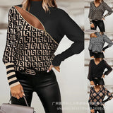 Zingj Spring And Autumn Plaid Knit Stitching Lace Top V Neck Fashion Long