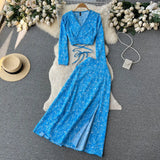 Zingj And Autumn Holiday Style Vintage Flower Suit Women's Long-Sleeved French Thin V-Neck Blouse + Forked Skirt Two