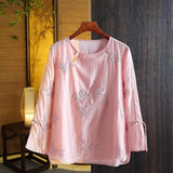 Tang Style Chinese Style Spring Long-Sleeved Chinese Embroidery Fashion Retro Shirt Round Collar Cheongsam