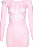 Sexy See Through Hollow Mini Dresses Women O-Neck Off Shoulder Skinny Midnight Party Clubwear Skirts Female