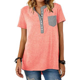 Summer V-Neck Stitching Pullover Tops Casual Short Sleeve Button T-Shirt Female Loose Pocket Comfortable Streetwear