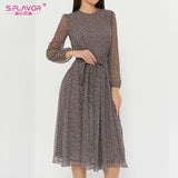 Elegant Dot Print Long Sleeve Polka Dress O Neck Chiffon A Line Women Casual Dress Vintage Midi Vestidos