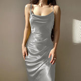 Satin Long Dress Summer 2022 Low Cut Spaghetti Strap Sexy Evening Party Dresses Women Backless Bodycon Maxi Dress