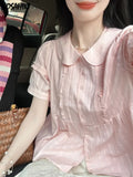 Pleated Solid Sweet Women Shirt Simple Kawaii Cute Blouse New Fashion Fairy Grunge Blusas De Mujer Y2k