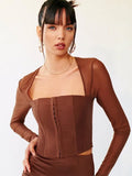 Top Women Long Sleeve Crop Top Square Neck T-Shirt Fairy Grunge Solid White Hook Eye Tops Sexy Brown Tee Shirt Y2K
