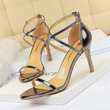 Zingj Fashion Sexy Nightclub Open Toe Metallic Cross Strap Heel High Heel Sandal Women's High