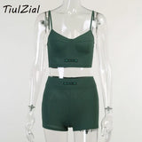 Sport Matching Women Shorts Set Ribbed Knitted Crop Top And Biker Shorts Two Pieces One Suit Booty Shorts Set