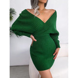 2025 Cross-Win V-Neck Bat Dress Bag Hip Dress Sweater Dress Women's