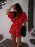 Women Red And Black Paisley Puff Sleeves Deep V-neck Jumpsuit Shorts Causal Female Elastic Waistband Vacation