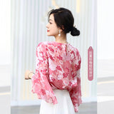 Goddess Pink Pink Imitation Silk Printed Seven-Cent Lotus Leaf Sleeve Round Collar Loose