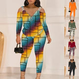 Autumn And Winter Women's Wear New Shoulder Spliced Long-Sleeved Printed Trousers Two