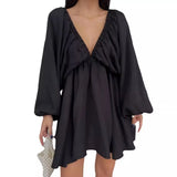 New V-Necked Long-Sleeved Dress Independent Design Bubble Sleeve