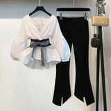 2022 Spring Summer 2 Pcs Suits Women's Striped Bow Lantern Sleeve Blouse + Black Split Flare Sleeve Pants Set