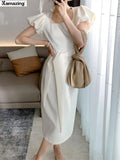 Elegant Midi Short Puff Dress For Women Bodycon Casual Femme Fashion Clothing