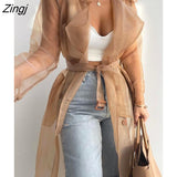 Women Fashion See Through Outdoor Tops Lace Up Spring Solid Sheer Mesh Long Sleeve Buttoned Coat With Belt Elegant