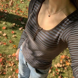 Zingj Wind Navy Blue Three Button Stripe Long Sleeve T Shirt Female Autumn BM Retro Hot Girl Slim Bottom Top
