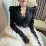 V-Neck Lace Basic Shirts Women Korean Blouse Female Casual Long Sleeve Slim Elegant Sexy Tops Lady 2021 Spring