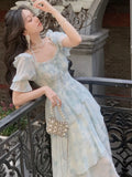 Chiffon Print Midi Dress for Women 2023 New Summer Elegent Party Blue Floral Vestidos Holiday Vintage Female