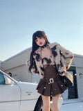 Hot Girl Suit Women's Autumn/Winter Faux Fur Short Coat Strap Slim Fit A-line Dress Two-piece Set Fashion Female