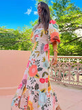 Tropical Style Flower Printed Maxi Dress Women Square Neck Short Sleeve Colorful Vestido Female Fashion Holiday