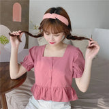 Shirts Women Summer Short Sleeve Square Collar Ruffles Crop Top Chic Fashion Korean Style Casual Womens Ulzzang