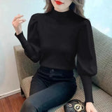 Zingj Korean Version Semi-High Round Collar Design Bubble Sleeve Knitted Sweater Autumn And Winter New Foreign Style Pullover Women's
