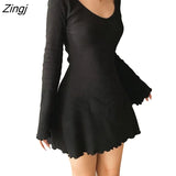 Women Solid Color Ribbed Long Sleeve V-Neck Slim Fit Party Mini Dress Fashion Spring Autumn Slim A-Line