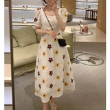 Women Vintage Casual Floral Midi Dress Lady One Piece Elegant Puff Sleeve Party Clothes Female Fashion Prom