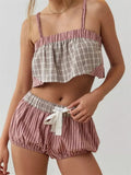Women Pajamas Sets 2 Pieces Loungewear Suits Plaid Print Camis Cropped Tank Tops Drawstring Shorts Sleepwear