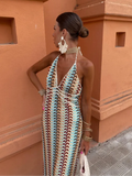 Embroidery Print Backless Maxi Dress Women Sexy V Neck Sleeveless Slim Halter Long Robes Lady Holiday Party