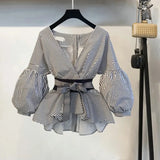 2022 Spring Summer 2 Pcs Suits Women's Striped Bow Lantern Sleeve Blouse + Black Split Flare Sleeve Pants Set