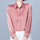 Women's Shirt Blouses for Women Solid Embroidered Long Sleeve Top Woman Polo Neck Clothing Female Button Up Basic