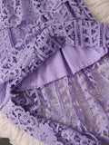 Vintage Women Hollow Out Lace Ruffle Long Dress Elegant Round Neck Short Sleeve High Waist Slim Maxi Party Vestidos