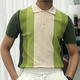 Fashion Men Short Sleeve Slim Polo Shirt Vintage Pattern Print Patchwork Knit Polo Shirt Men Casual Button Lapel